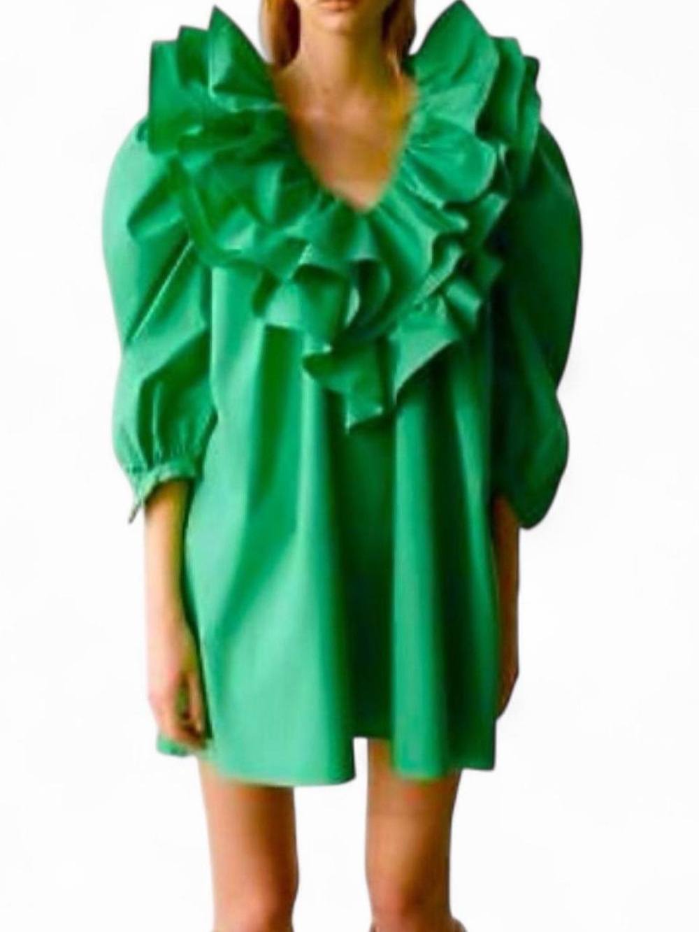 💚 Zara Vibrant Green Ruffled V-Neck Poplin Mini Dress-small  💚
